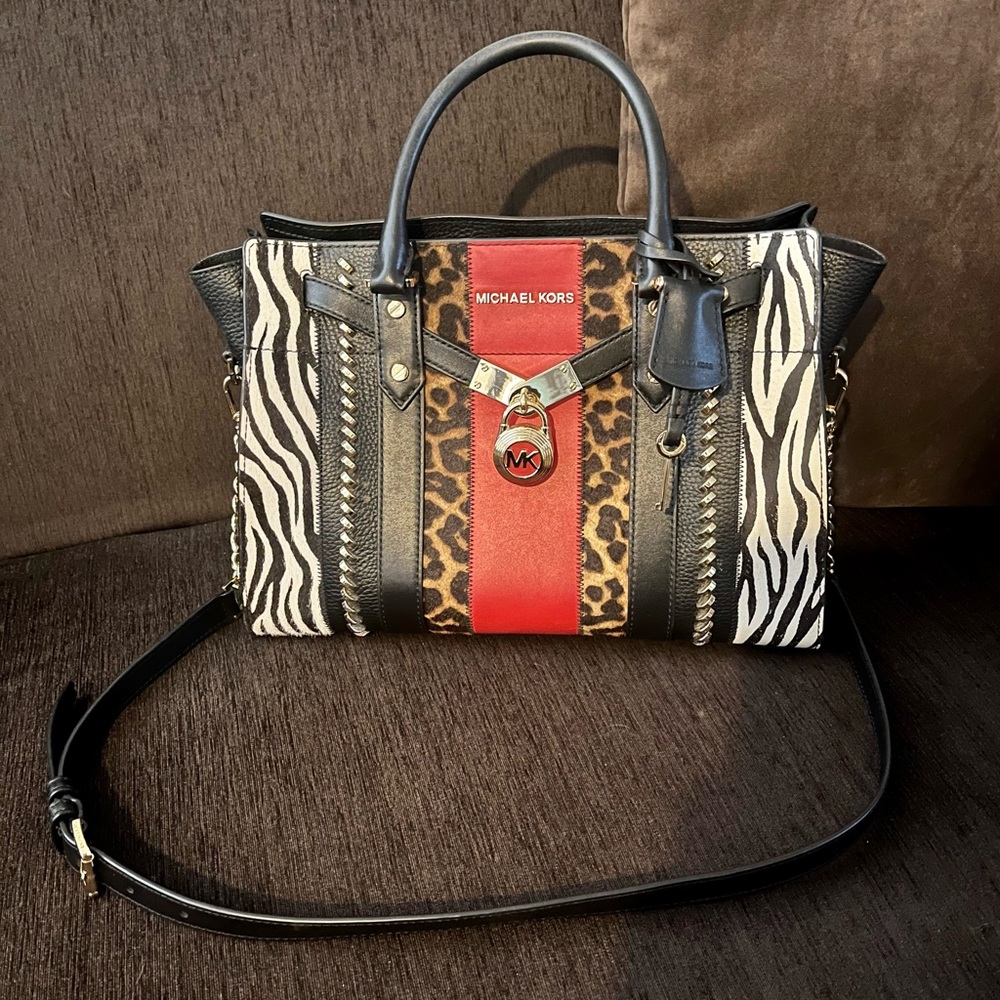 Michael Kors Black and Red Animal Print Hamilton   Bag
